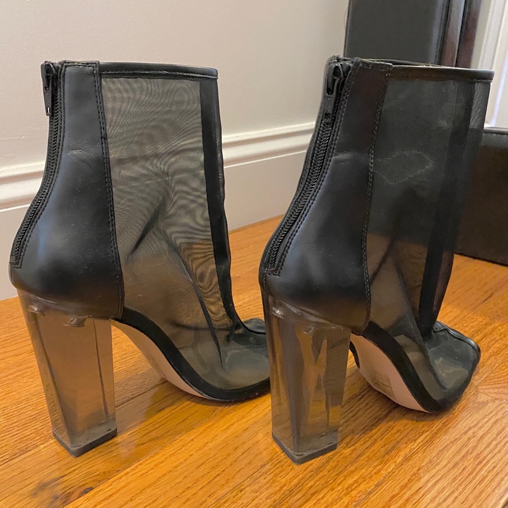 Open toe booties, see through, block heel.